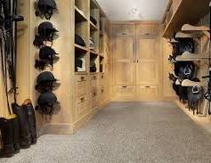 Barn interior tack room with custom finishes and storage
