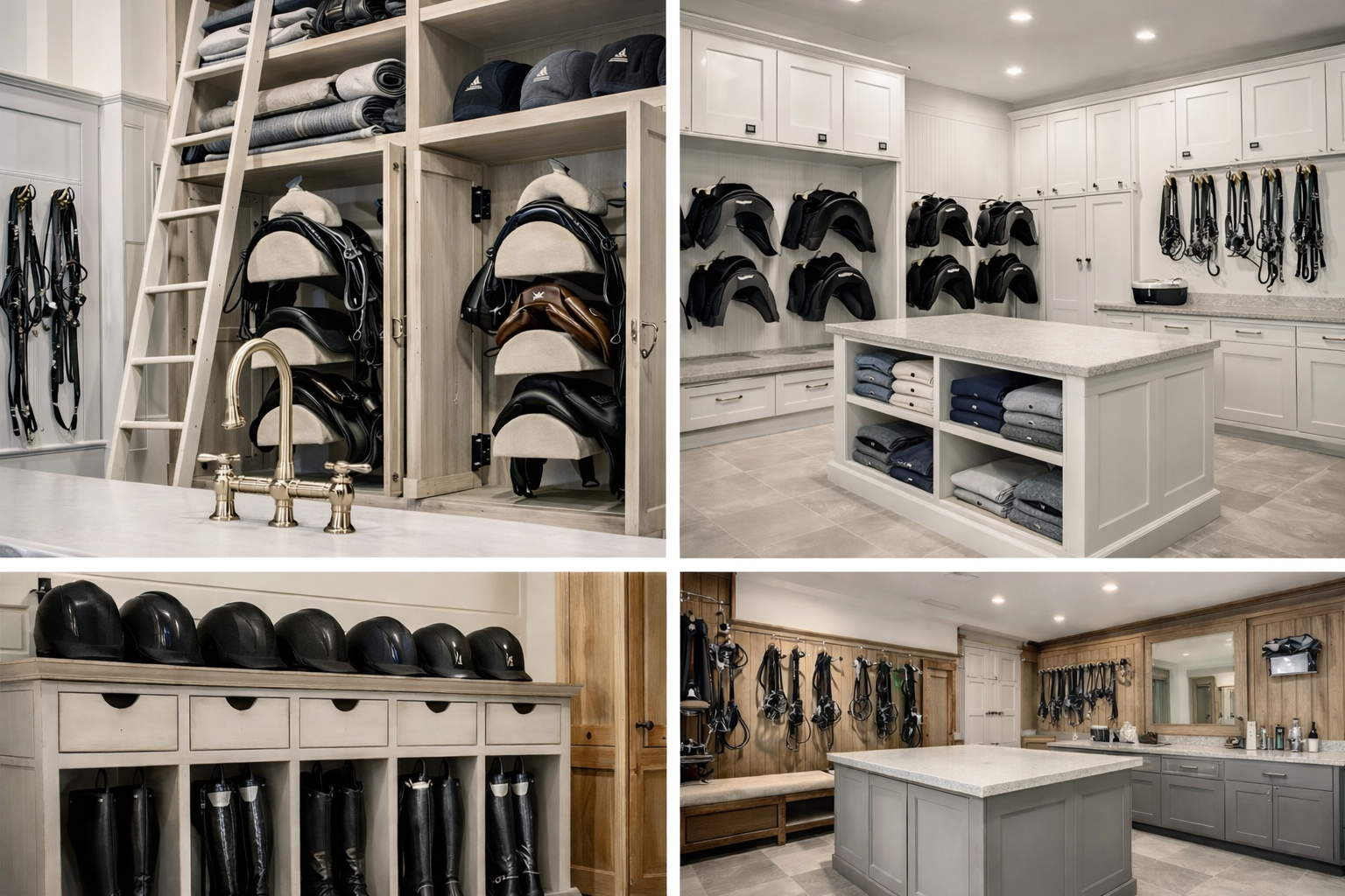 Custom saddle storage cabinetry in tack room